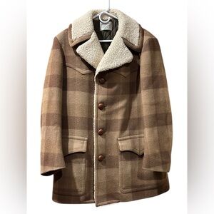 Pendleton Vintage Unisex Wool Barn Coat in Brown/Tan Checked Pattern